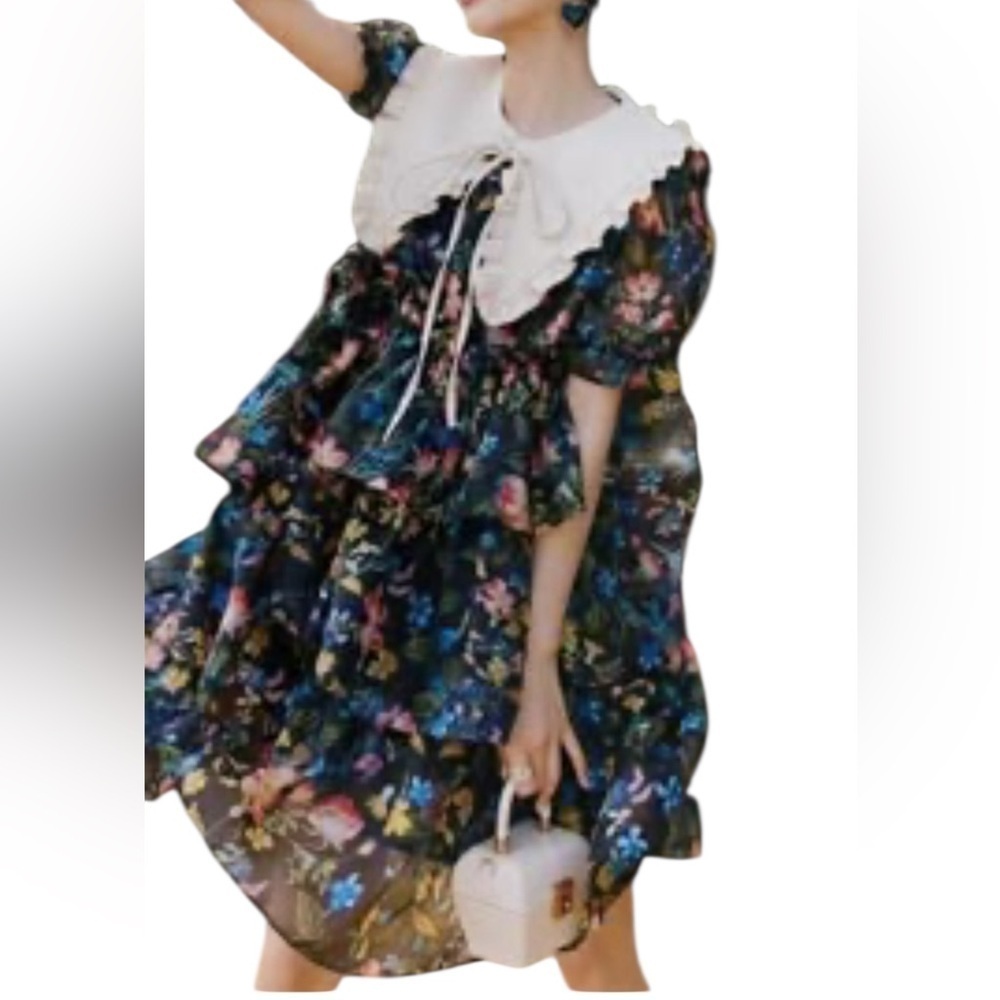 Unbranded Floral Blue Puff Sleeve Midi Dress Size Small. #30